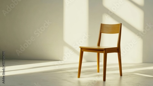 Minimalist wooden chair in an empty white room