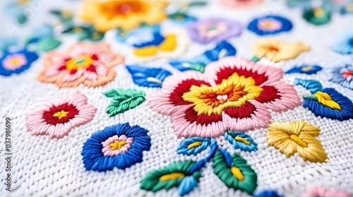 Vibrant floral embroidery featuring a mix of colors and intricate patterns on a fabric background.