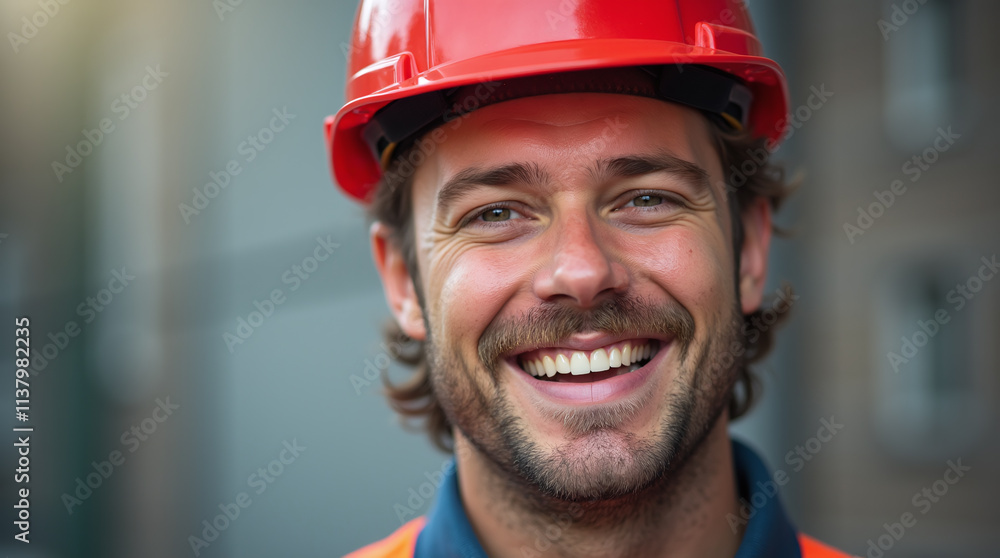 Smiling Construction Worker in Red Protective Helmet or Hard Hat Smiling Construction Worker in Red Protective Helmet or Hard Hat
