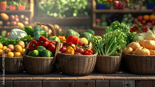 Wallpaper Mural A vibrant display of fresh vegetables and fruits in wicker baskets at a market. Torontodigital.ca