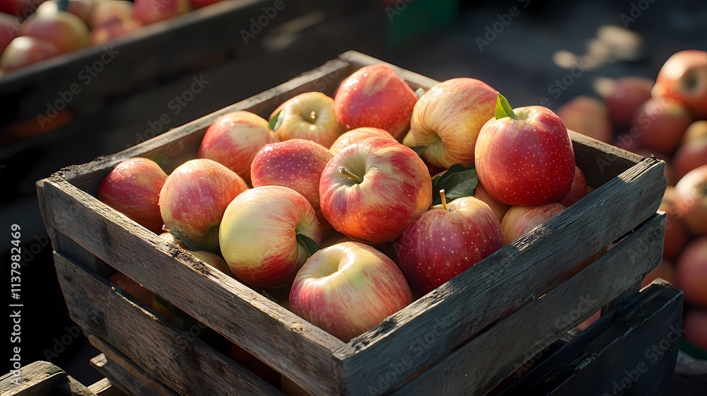 A wooden crate filled with fresh, ripe red apples illuminated by soft sunlight. A wooden crate filled with fresh, ripe red apples illuminated by soft sunlight.