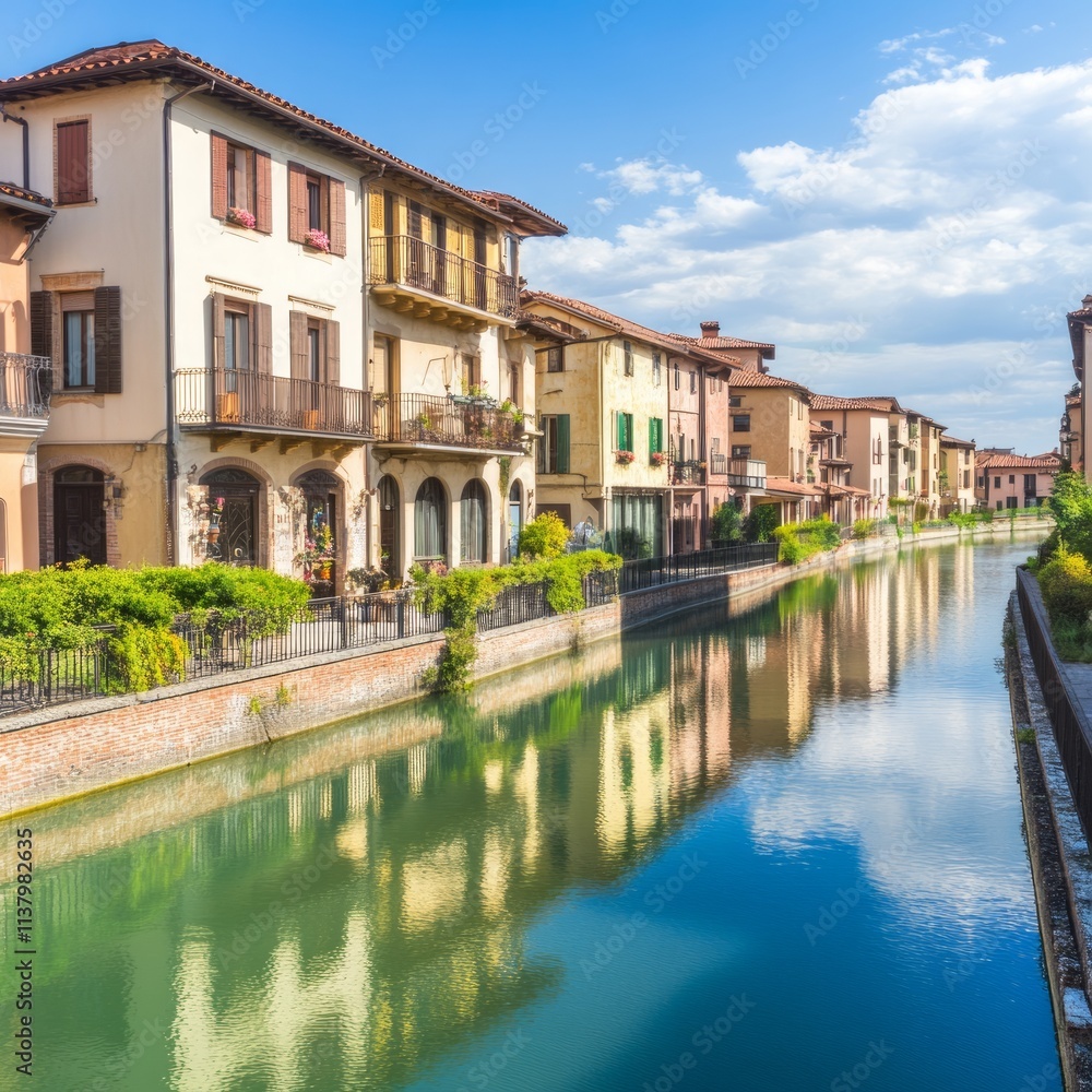 Picturesque Italian Canal Side Buildings Sunny Day Picturesque Italian Canal Side Buildings Sunny Day