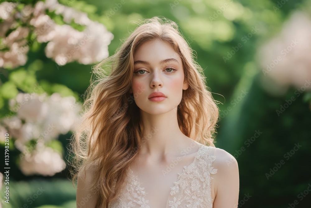 Ethereal Beauty: A Serene Portrait of a Young Woman Surrounded by Lush Greenery and Delicate Blossoms, Capturing the Essence of Nature and Elegance in Soft Light Ethereal Beauty: A Serene Portrait of a Young Woman Surrounded by Lush Greenery and Delicate Blossoms, Capturing the Essence of Nature and Elegance in Soft Light