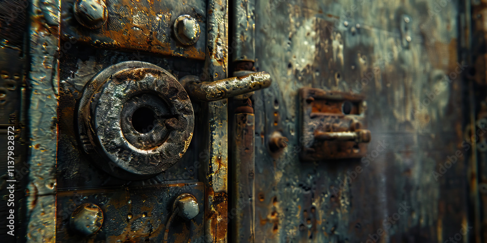 Close-up of Rusted Metal Door with Circular Lock and Latch Close-up of Rusted Metal Door with Circular Lock and Latch