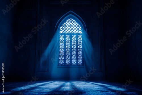 Arabic-style window, dark blue background wall with light shining through the center of the screen to form an Arabic arch and mosque in front of it, mysterious atmosphere