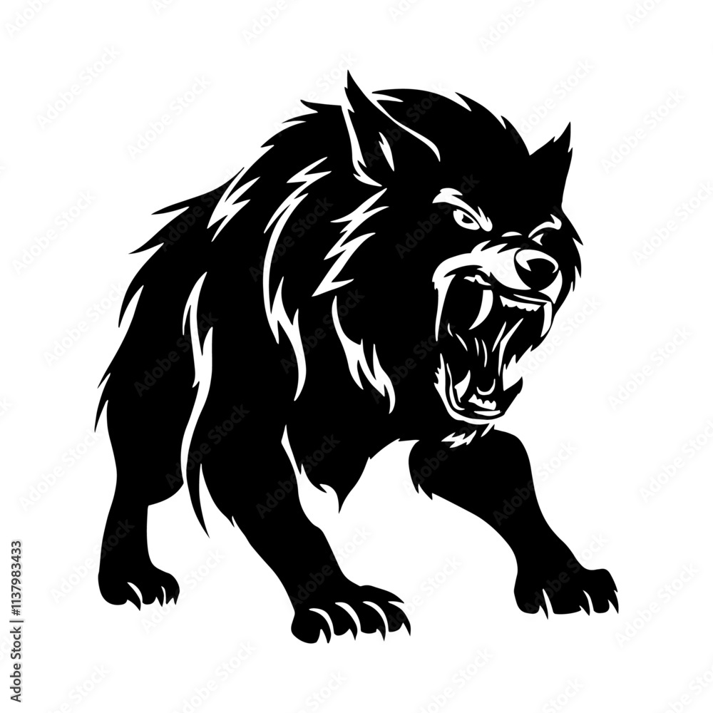 Obraz premium Beast Ferociously Pushes, Enigmatic Alpha Wolf ,Enigmatic Alpha Wolf Vector Design Moonlit Stalker Symbol, Darkened Shapeshifter Silhouette Vector Illustration, Logo Design Pro Vector