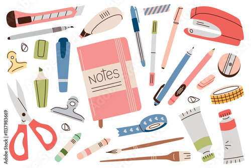 Vector illustration of stationery, set of notebooks, scissors, pens, pencils, markers doodles, stapler, tape, and brushes. Flat cartoon style, perfect for school, office, art, and organization themes