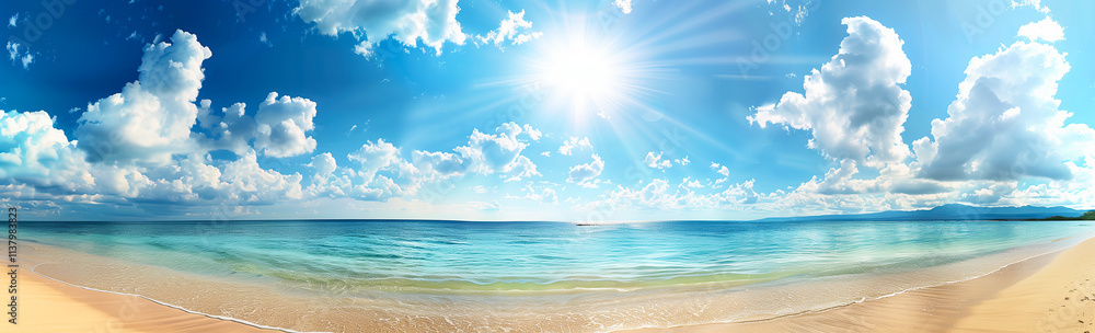 Obraz premium A beautiful beach with clear blue water, white clouds, and bright sun shining on the calm ocean. Perfect for summer vacation and travel poster designs.