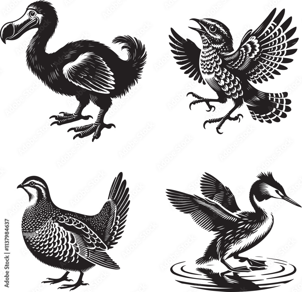 dodo, grebe, nightjar, and partridge bird vector set dodo, grebe, nightjar, and partridge bird vector set