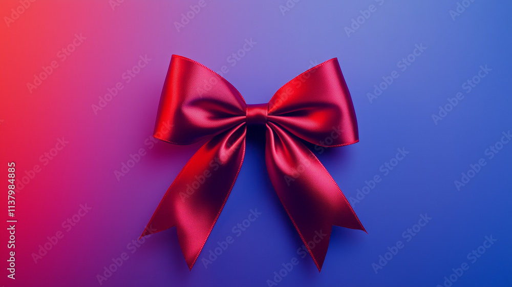 Red satin bow on a vibrant gradient blue and pink background for festive and elegant decoration Red satin bow on a vibrant gradient blue and pink background for festive and elegant decoration