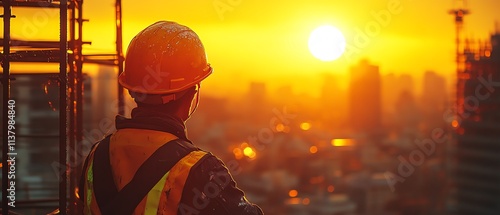 Yellow safety helmet on construction site, workplace safety theme, blurred scaffolding and sunset in the background, Labor Day celebration atmosphere photo