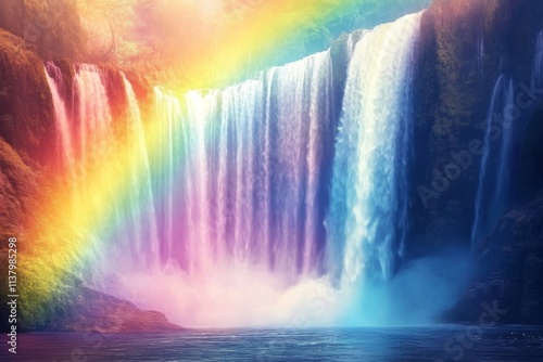Colorful Rainbow Above Majestic Waterfall
