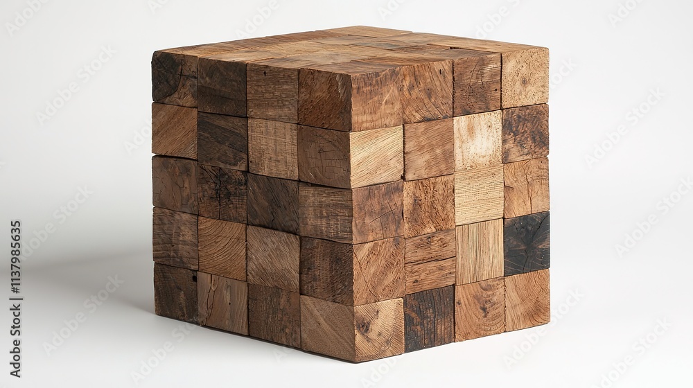 A textured wooden cube made from various pieces, showcasing a patchwork of colors and patterns.