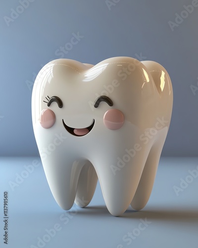 3D happy teeth with a playful face, blue background, dental health concept, sparkling clean teeth, bright design, dental hygiene and dentist care photo