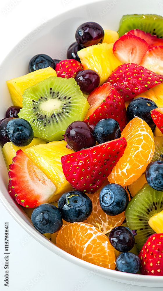 Obraz premium Fresh fruit salad with fruit in white bowl isolated on white background