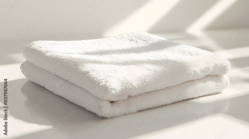 Neatly folded white towels in soft textures, set against a warm, sunlit background. Neatly folded white towels in soft textures, set against a warm, sunlit background.