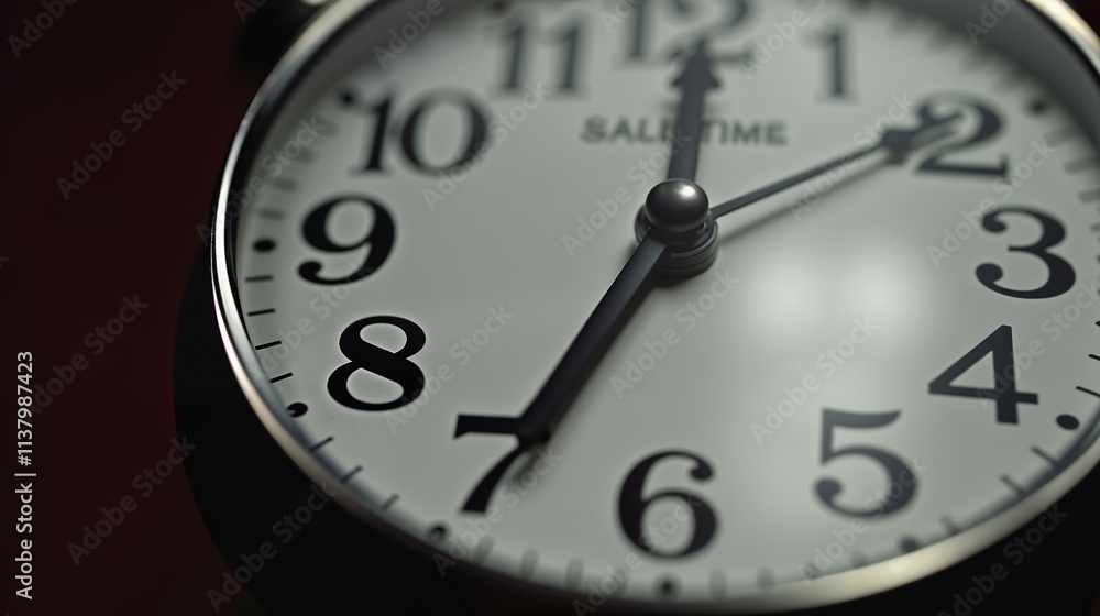 Close-up of a classic round clock showing time with emphasis on the hour and minute hands