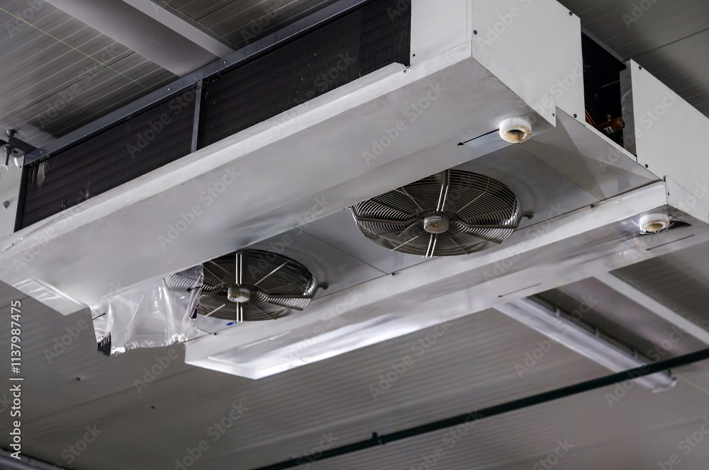 Industrial air cooler and ceiling-mounted refrigeration unit for temperature control in large spaces. Industrial air cooler and ceiling-mounted refrigeration unit for temperature control in large spaces.