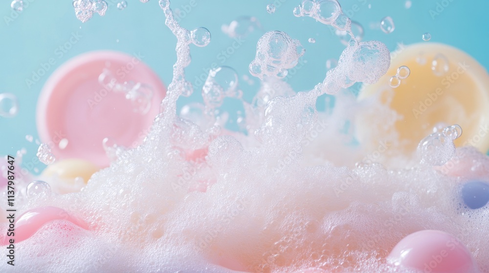Fototapeta premium Pastel bath bombs dissolving in bubbly water.