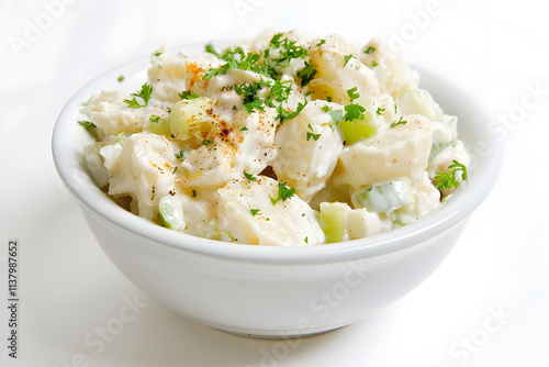 Creamy potato salad with celery and mayonnaise in a bowl isolated on white background