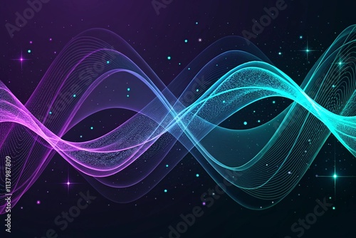 Dark abstract wave visualization of sound and digital art, with flowing purple and cyan energy streams, dark background.