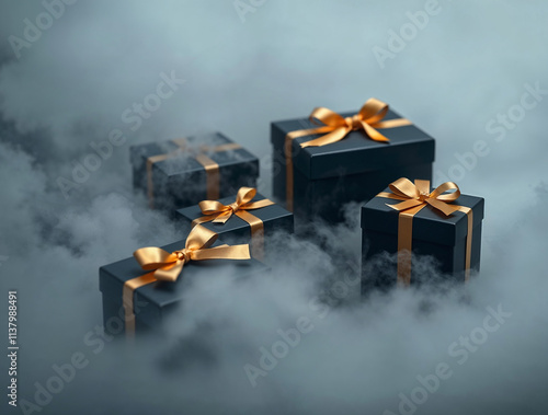 Mysterious gift boxes surrounded by fog atmospheric scene still life photography enigmatic environment close-up perspective photo