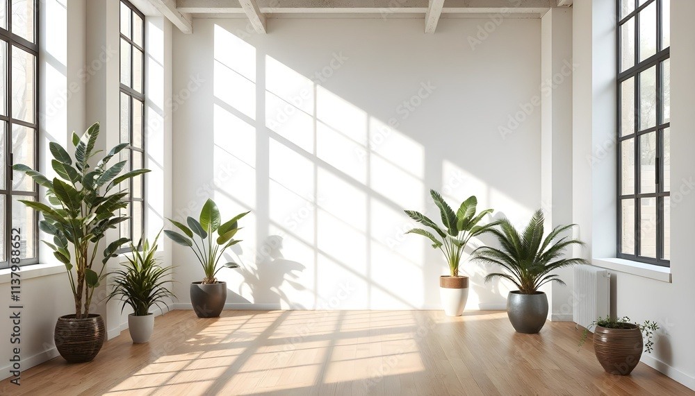 empty modern contemporary loft interior with large windows, wooden flooring, and lush green plants in decorative pots, minimalistic serene open space design empty modern contemporary loft interior with large windows, wooden flooring, and lush green plants in decorative pots, minimalistic serene open space design