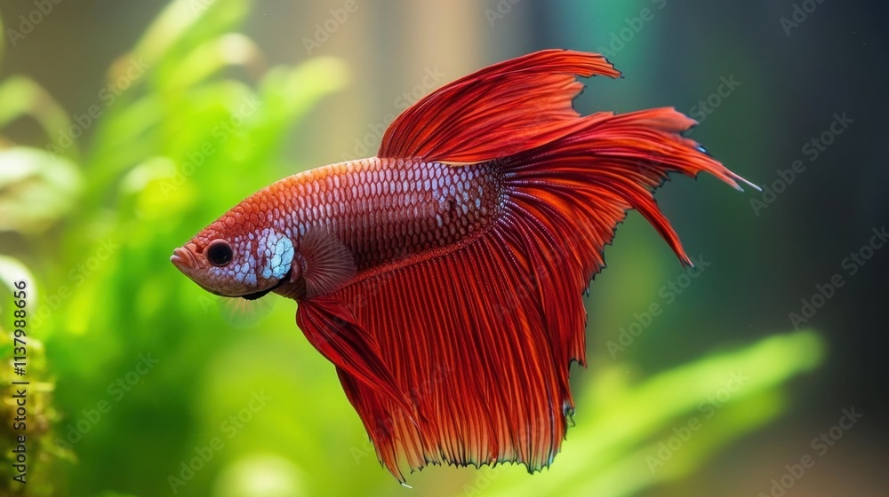 Vibrant Red Betta Fish Swimming Gracefully in Underwater Habitat Vibrant Red Betta Fish Swimming Gracefully in Underwater Habitat