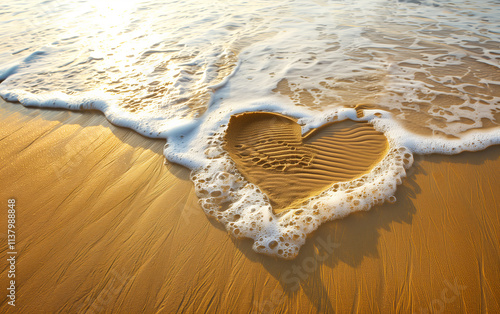 A heart drawn in the sand on an exotic beach. Theme for travel and vacation banner with romantic atmosphere. photo