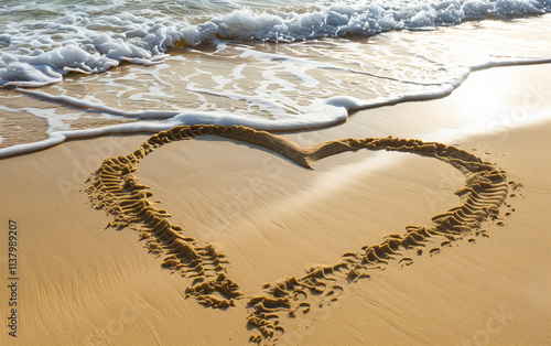 A heart drawn in the sand on an exotic beach. Theme for travel and vacation banner with romantic atmosphere. photo