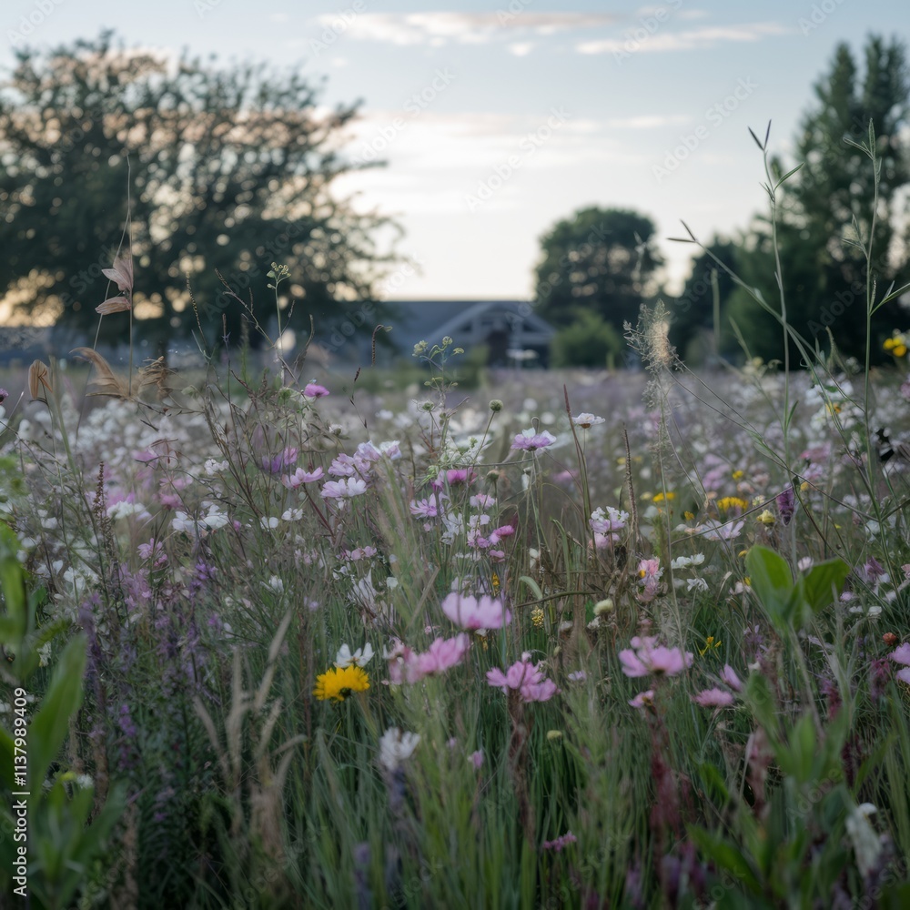bright and cheerful watercolor scene of a blooming meadow in spring, with wildflowers and distant rolling hills