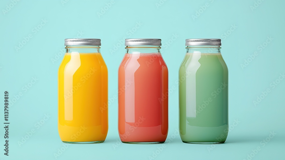 Three colorful juice bottles—yellow, pink, and green—sit on a light blue background, showcasing vibrant drinks. Three colorful juice bottles—yellow, pink, and green—sit on a light blue background, showcasing vibrant drinks.