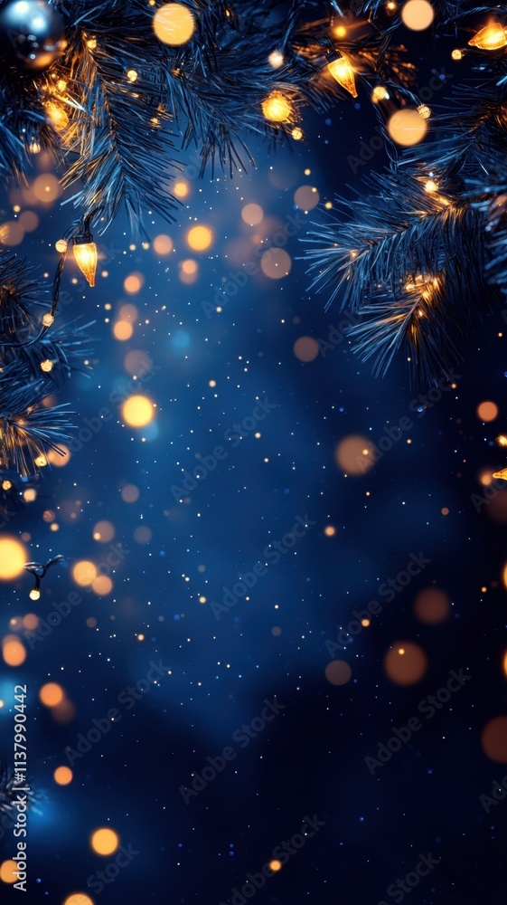 Glowing hristmas string lights garland creating a festive atmosphere on dark blue Abstract Defocused Background. Vectical format Glowing hristmas string lights garland creating a festive atmosphere on dark blue Abstract Defocused Background. Vectical format