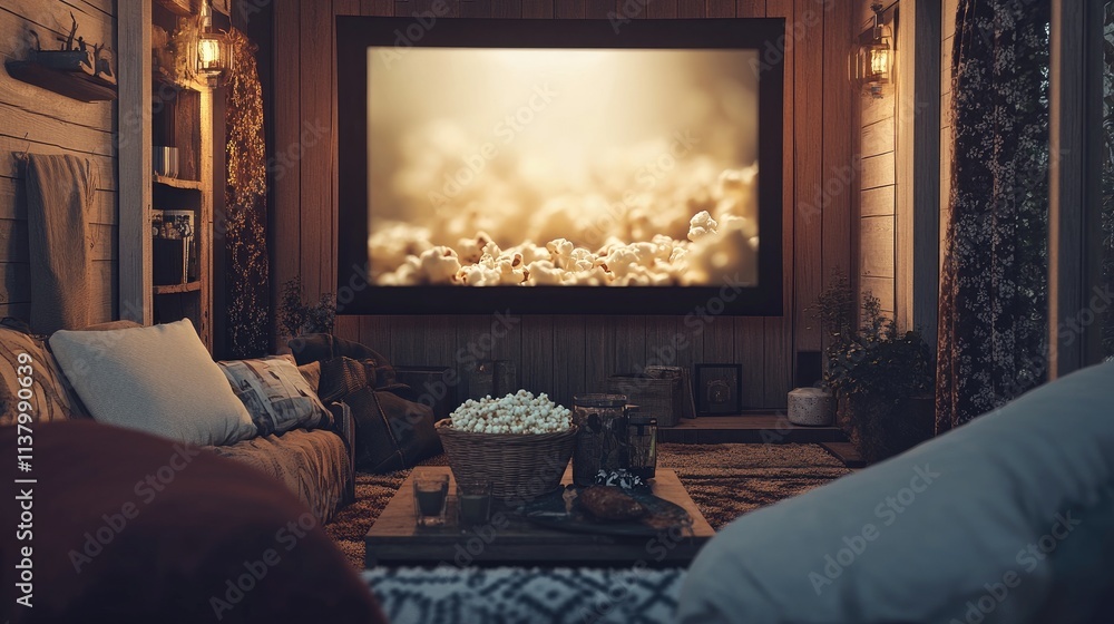 Cozy living room with a large screen displaying popcorn, inviting a movie night atmosphere. Cozy living room with a large screen displaying popcorn, inviting a movie night atmosphere.