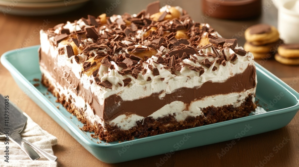 Layers of Chocolate Dessert with Whipped Cream and Toppings Layers of Chocolate Dessert with Whipped Cream and Toppings