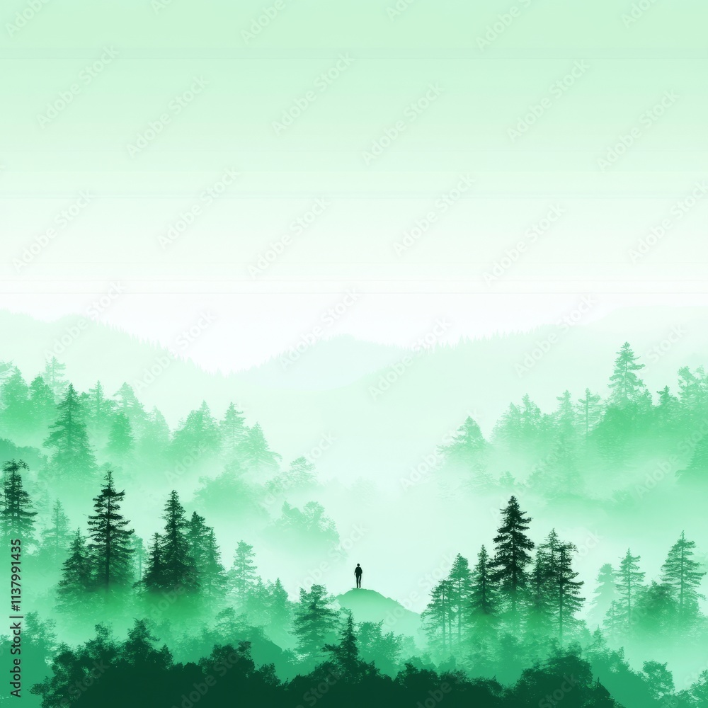 Fototapeta premium Serene Misty Mountain Solitude A Lone Figure in Green Forest