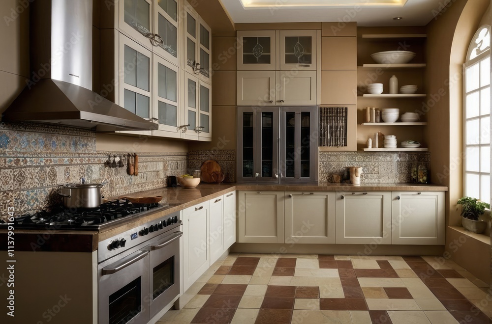 Modern Irish Cream Modular Parallel Kitchen Design With Moroccan Dado Tiles Modern Irish Cream Modular Parallel Kitchen Design With Moroccan Dado Tiles