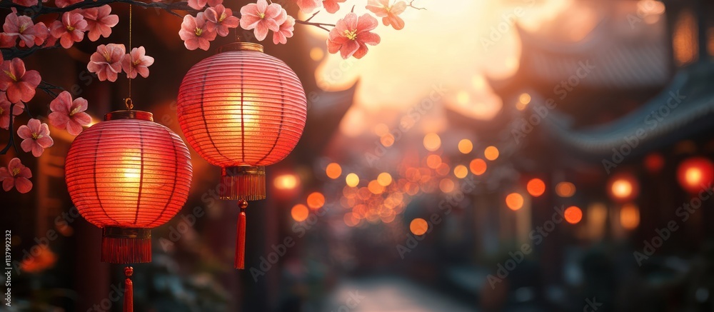 Obraz premium Illuminated red lanterns hang from a blossoming tree branch in a sunlit Asian street.