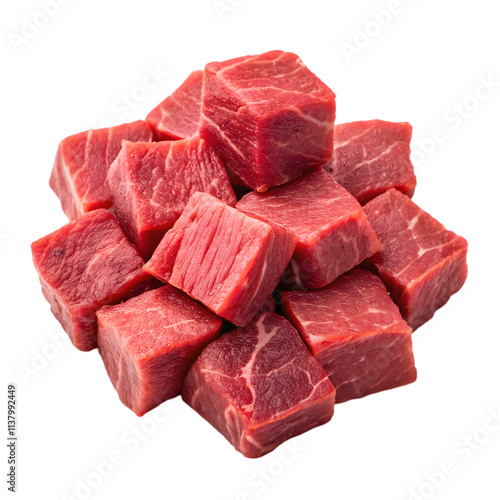 Pile of beef cubes on transparent background