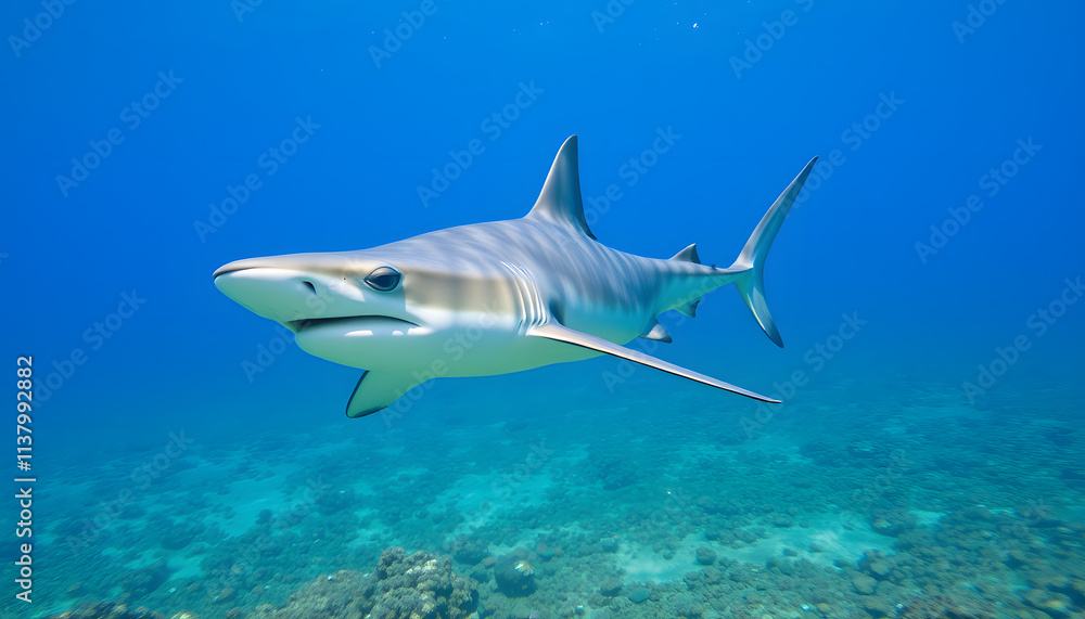 Naklejka premium Unique Hammerhead Shark Swimming Purposefully in the Ocean