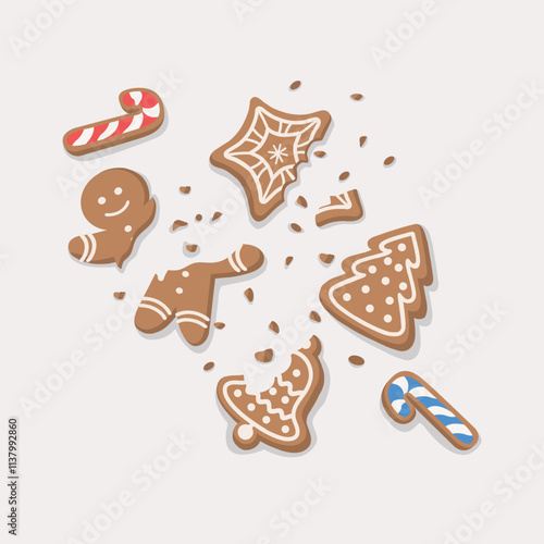 Crumbled and bitten Christmas cookies. Vector