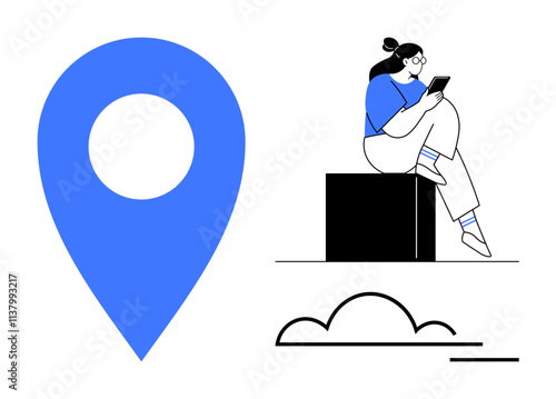 Woman sitting on block, using smartphone next to large location pin and cloud outline. Ideal for technology, navigation, communication, travel, digital services, user experience, and map