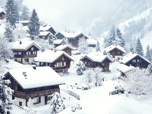 Christmas village with snow-covered rooftops, twinkling lights, and festive decorations 