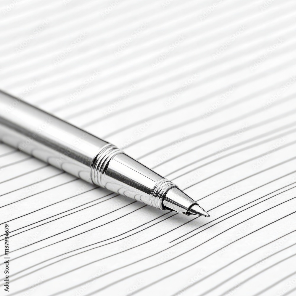 Silver Pen Resting on Lined Paper Notebook Silver Pen Resting on Lined Paper Notebook