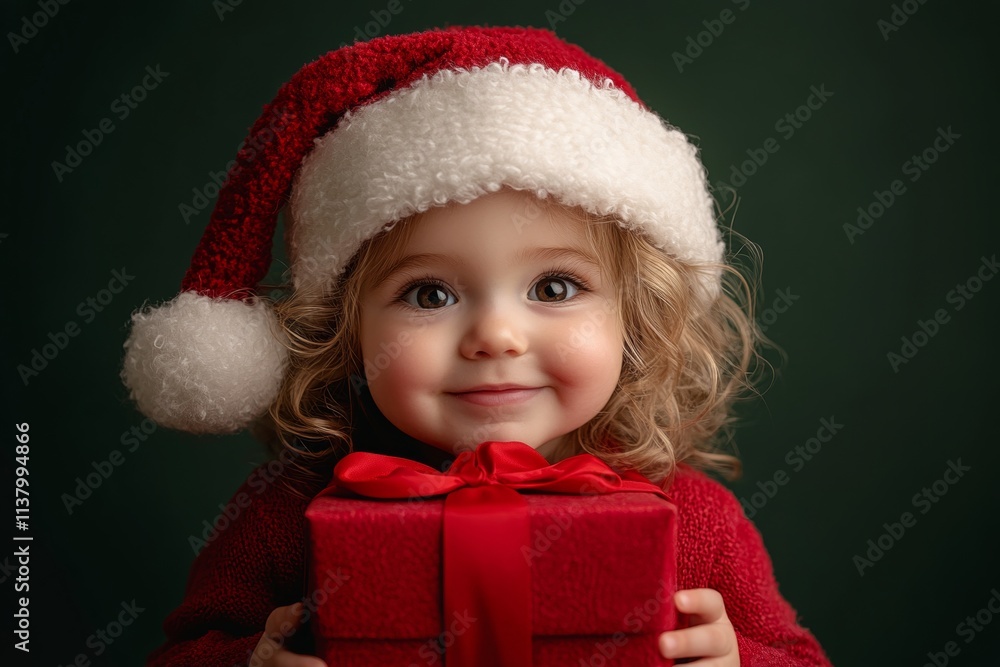 Isolated white white toddler boy in red red hat with present box in hands, on green background. Copyspace. Green christmas garland. Professional holiday setup. Santa hat display. Santa hat. Isolated white white toddler boy in red red hat with present box in hands, on green background. Copyspace. Green christmas garland. Professional holiday setup. Santa hat display. Santa hat.