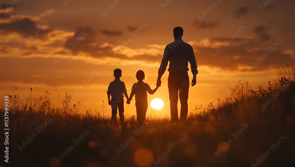 Man holding the hands of two children against a vibrant sunset background AI generated Man holding the hands of two children against a vibrant sunset background AI generated