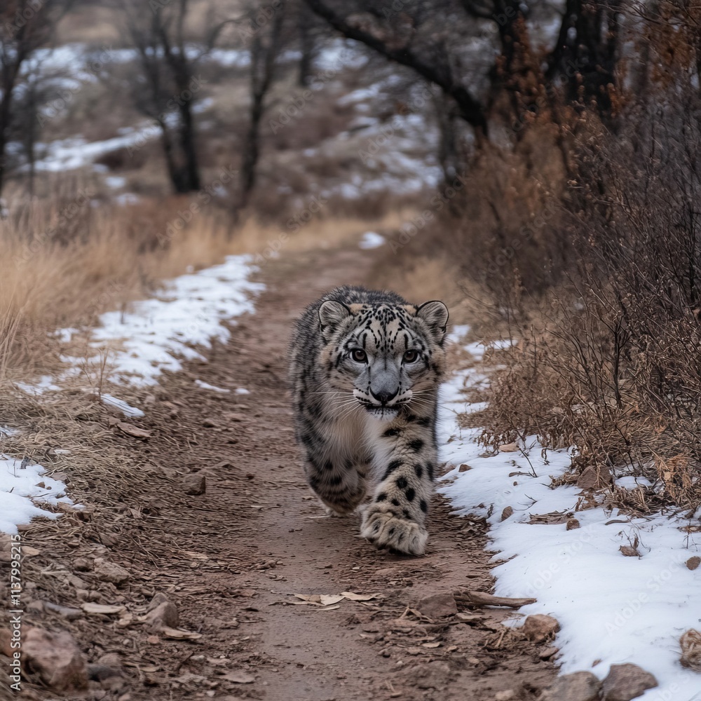 Fototapeta premium Snow Leopard Trekking Through Winter Path