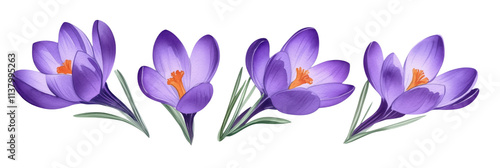 Crocus flowers in purple hues, vibrant petals, delicate orange stamens, green leaves, botanical illustration, isolated on transparent background, png