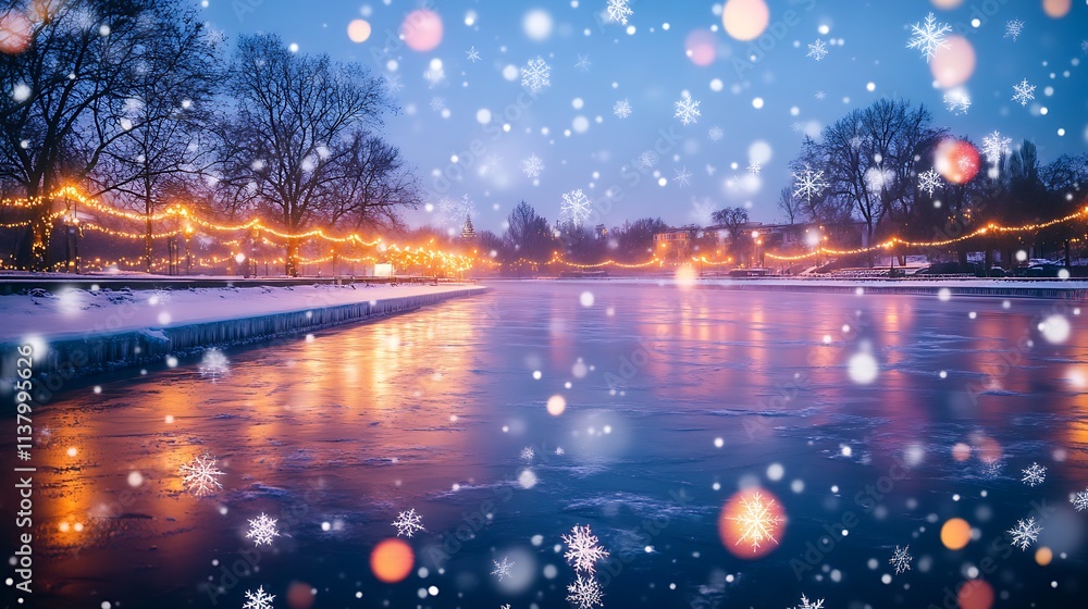 Christmas Lights Twinkling on Frozen River with Snowflakes Christmas Lights Twinkling on Frozen River with Snowflakes