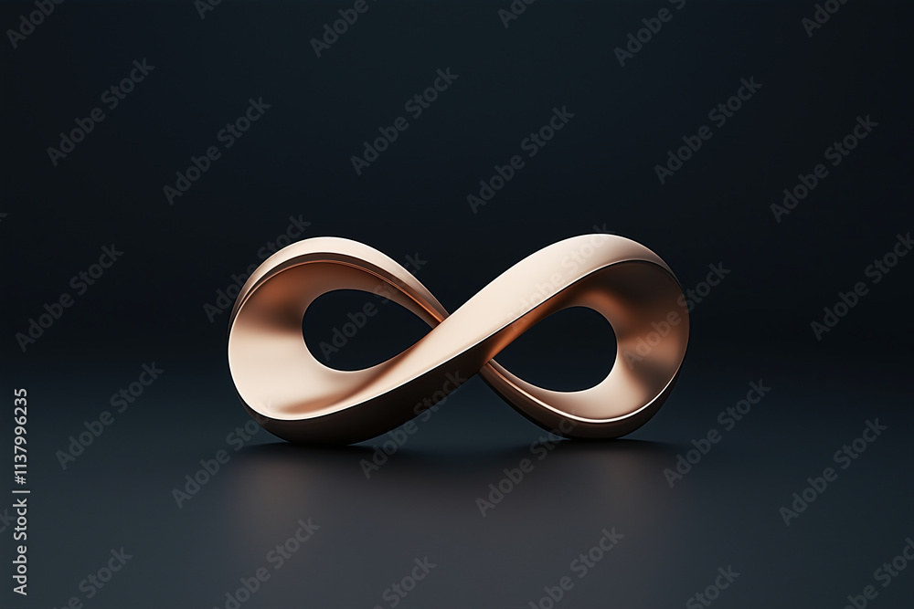 Simple, minimalistic infinity symbol made from rose gold, on a dark background, in a front view. Concept of infinite possibilities. Simple, minimalistic infinity symbol made from rose gold, on a dark background, in a front view. Concept of infinite possibilities.